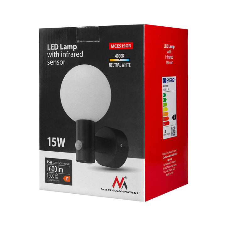 Maclean MCE515 LED Wandlamp met PIR-bewegingsmelder Wandverlichting binnen en buiten 15W IP65 - Waterdicht 1600lm 4000K neutraal wit Detectiebereik: max. 10 m Grijs