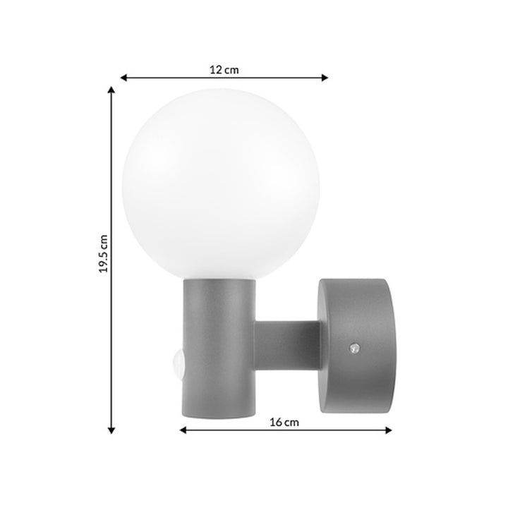 Maclean MCE515 GR Outdoor LED Sconce Wall Lamp with PIR Sensor Grey 15W IP65 1600lm 4000K Modern Round Globe Sphere Garden Porch Entryway