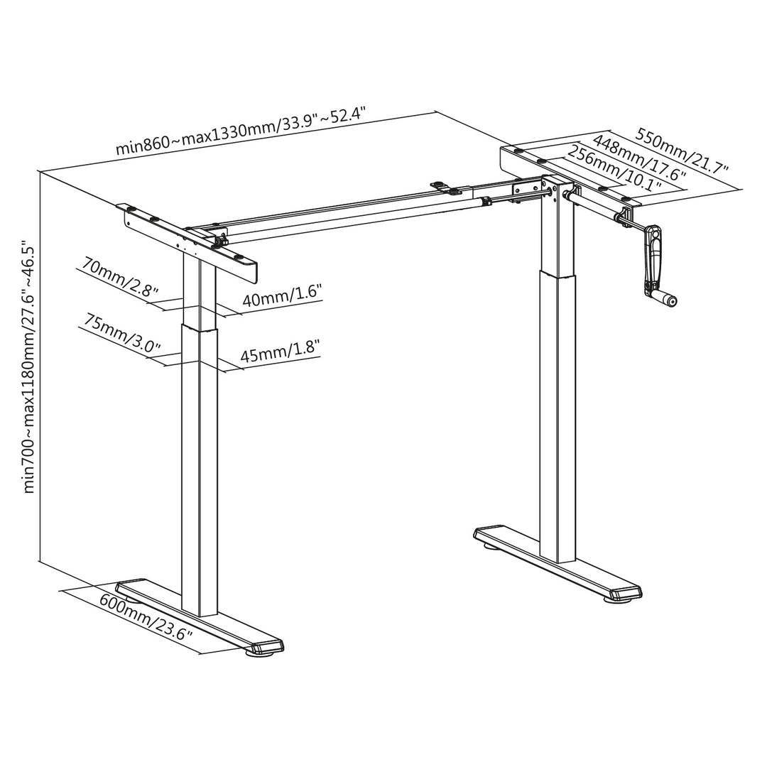 Maclean desk, manual height adjustment, without top, for standing and sitting work, max 60kg, max height 120cm, MC-790NB