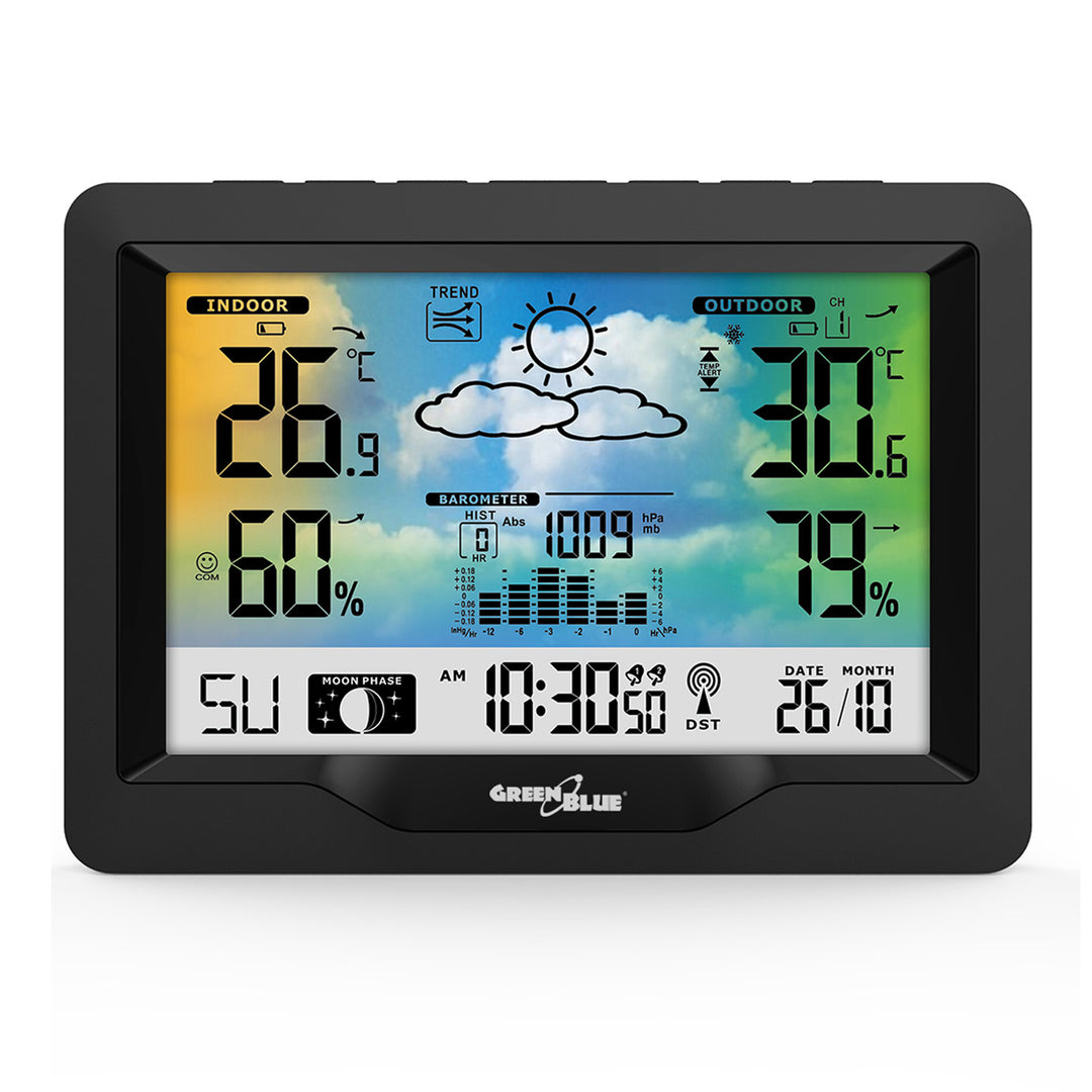 GreenBlue Funkwetterstation, Farbe, mit DCF, Mondphasen, Barometer, Kalender, Netzteil, GB540N