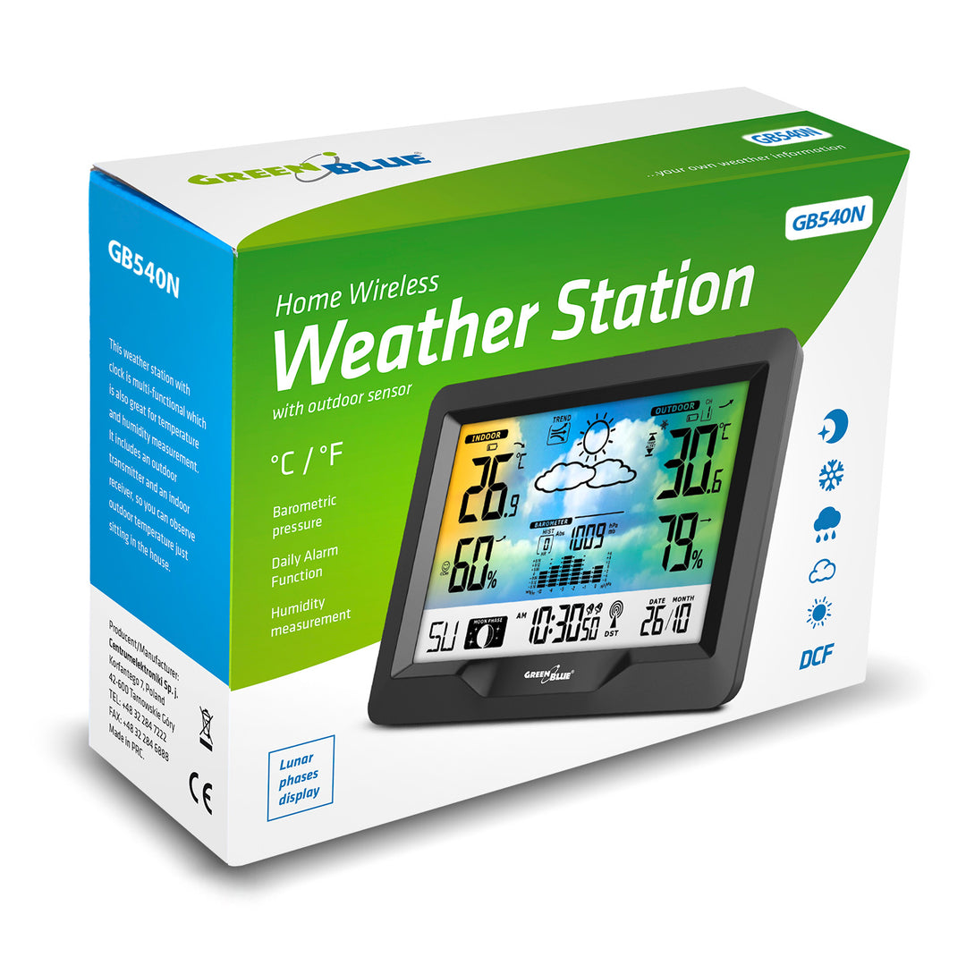 GreenBlue Funkwetterstation, Farbe, mit DCF, Mondphasen, Barometer, Kalender, Netzteil, GB540N