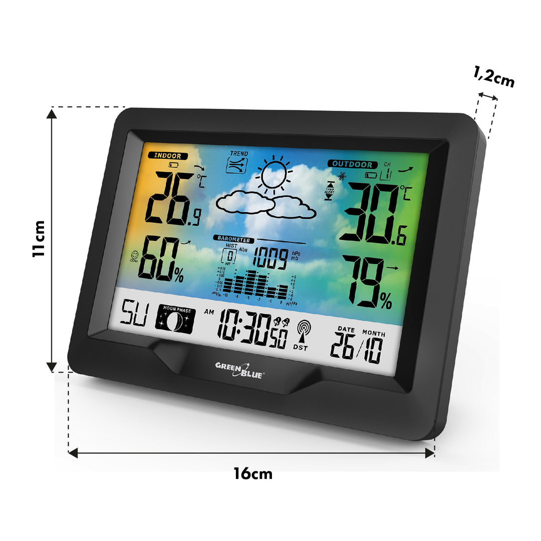 GreenBlue Funkwetterstation, Farbe, mit DCF, Mondphasen, Barometer, Kalender, Netzteil, GB540N