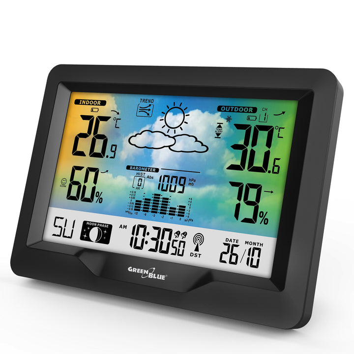 GreenBlue Funkwetterstation, Farbe, mit DCF, Mondphasen, Barometer, Kalender, Netzteil, GB540N