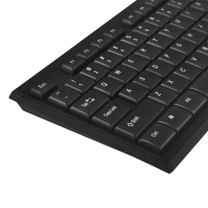 NanoRS Juego de Teclado QWERTY + Mouse Inalámbrico | Frecuencia de Funcionamiento: 2,4 GHz, Alcance: hasta 10 m | Resolución del Ratón: 1200 DPI | Receptor Nano USB | Diseño Plano, Funciona con Pilas, Color Negro