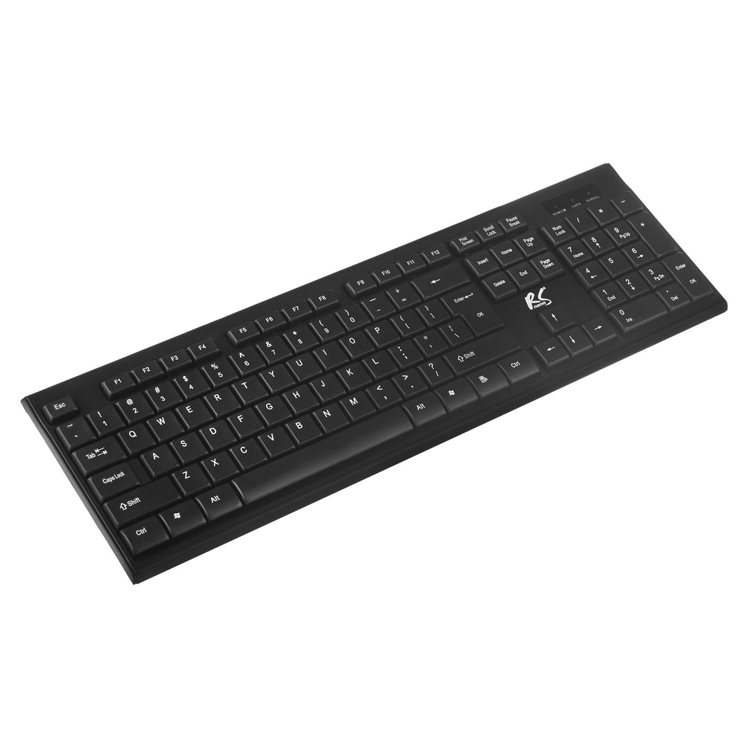 NanoRS Juego de Teclado QWERTY + Mouse Inalámbrico | Frecuencia de Funcionamiento: 2,4 GHz, Alcance: hasta 10 m | Resolución del Ratón: 1200 DPI | Receptor Nano USB | Diseño Plano, Funciona con Pilas, Color Negro