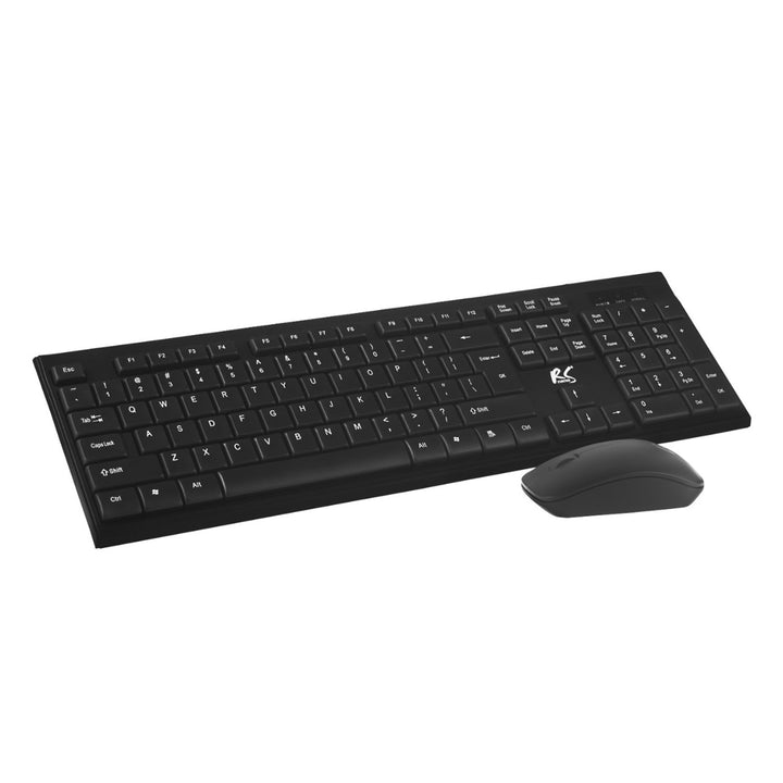 NanoRS Juego de Teclado QWERTY + Mouse Inalámbrico | Frecuencia de Funcionamiento: 2,4 GHz, Alcance: hasta 10 m | Resolución del Ratón: 1200 DPI | Receptor Nano USB | Diseño Plano, Funciona con Pilas, Color Negro