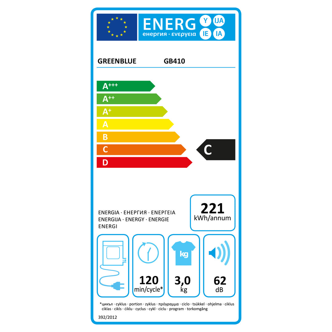 Green Blue GB410 Secadora Eléctrica de Carga Frontal, Capacidad 3 kg, 830 W, Clase C, 5 programas, Dimensiones Compactas 49,5 x 46 x 59,5 cm para Espacios Reducidos