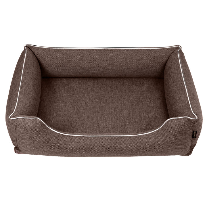 Mestizo Mallorca Standard Cama para Perros TwinFoam, Cesta para Perros, Sofá de Tela Tapizada, Funda Lavable (80x60 cm, Marrón con ribete blanco)  SMTF-BRO-W-2