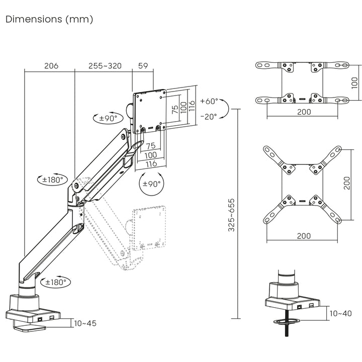 Maclean MC-968 support de moniteur à double bras avec ressort à gaz 17-57 pouces 27kg