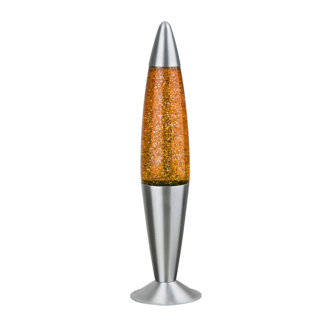 Introducing the Rabalux Glitter lava lamp: Radiating a warm orange glow, this lamp features mesmerizing glitter swirls, creating a captivating visual display. Powered by a 25W bulb, it combines retro charm with modern flair, adding a touch of enchant