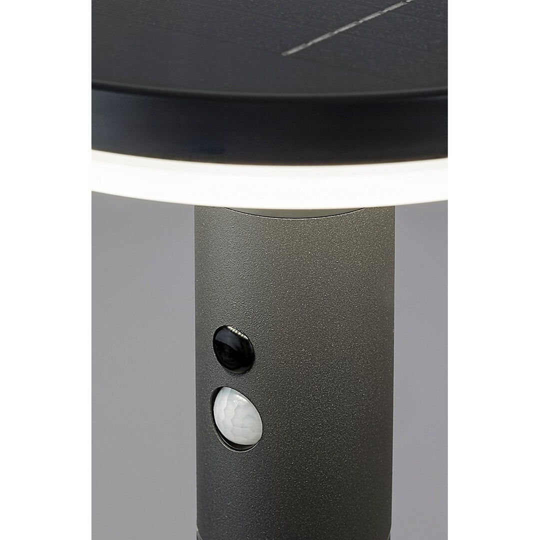 Rabalux Alaska: Solar outdoor lamp with motion sensor, IP44 rated. 10W LED, 4000K natural white light. Detects motion within 5-8m, 120° angle. Durable, battery-powered. Dimensions: Ø210mm, H165mm. Protects against water, objects.