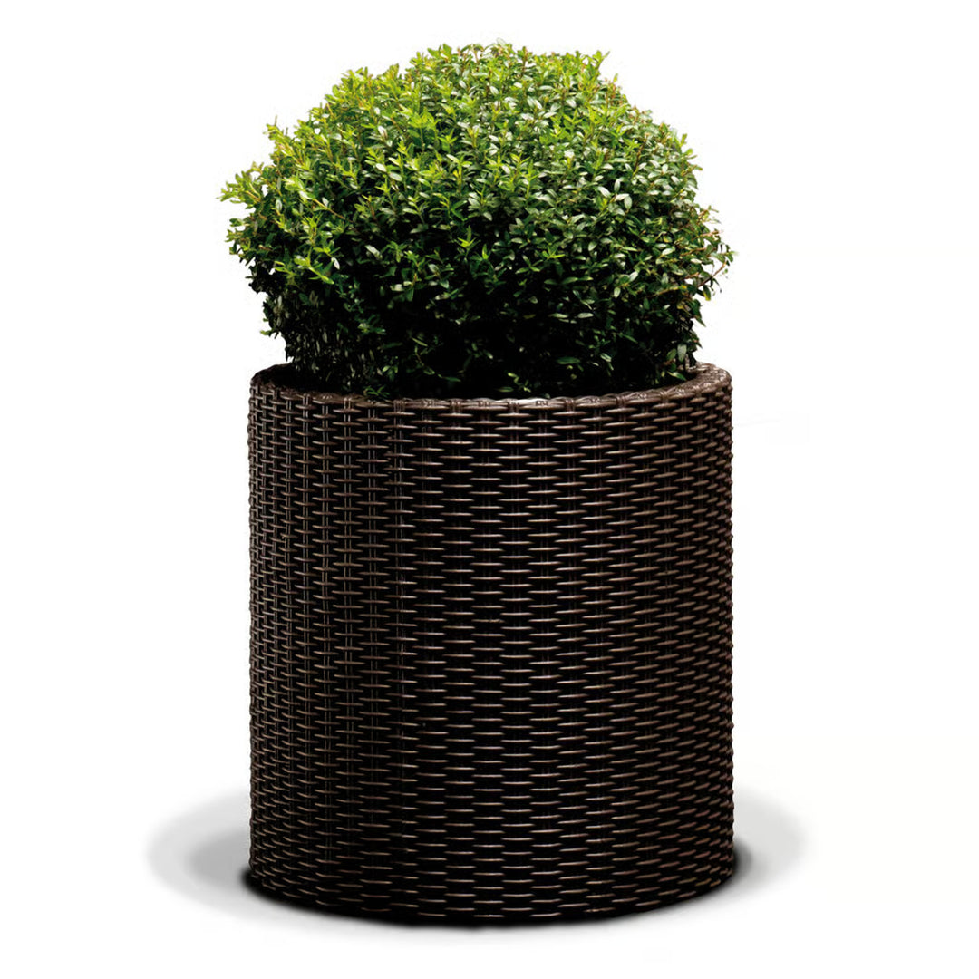 Keter Round Planter Rattan Style - Size L - 43.7cm Diameter Brown Cylinder Flower Pot Indoor Outdoor Weatherproof