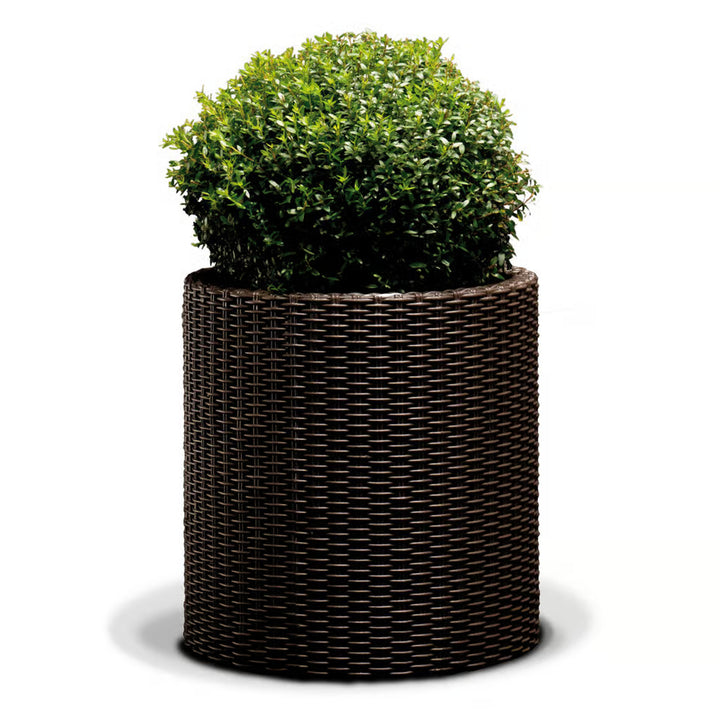 Keter Round Planter Rattan Style - Size L - 43.7cm Diameter Brown Cylinder Flower Pot Indoor Outdoor Weatherproof