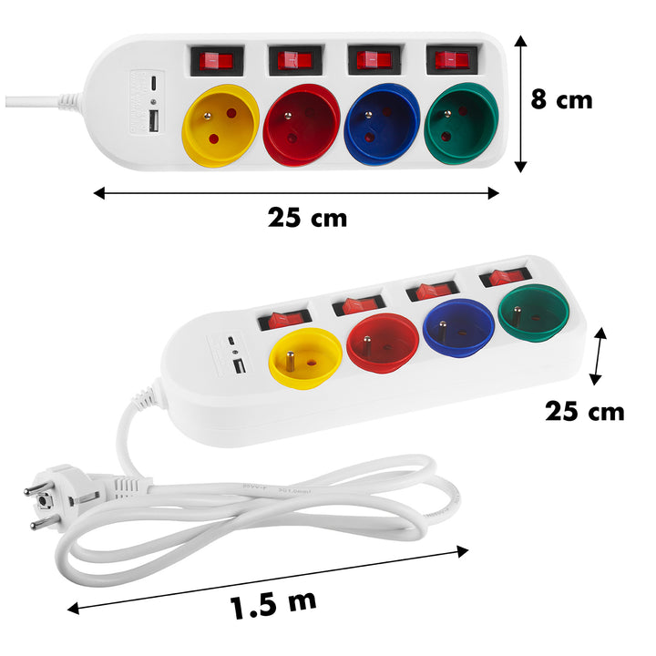 Maclean power strip, 4-socket extension cable + USB A / C, with switches, 250VAC/10A, 1.5m, white, MCE508 W