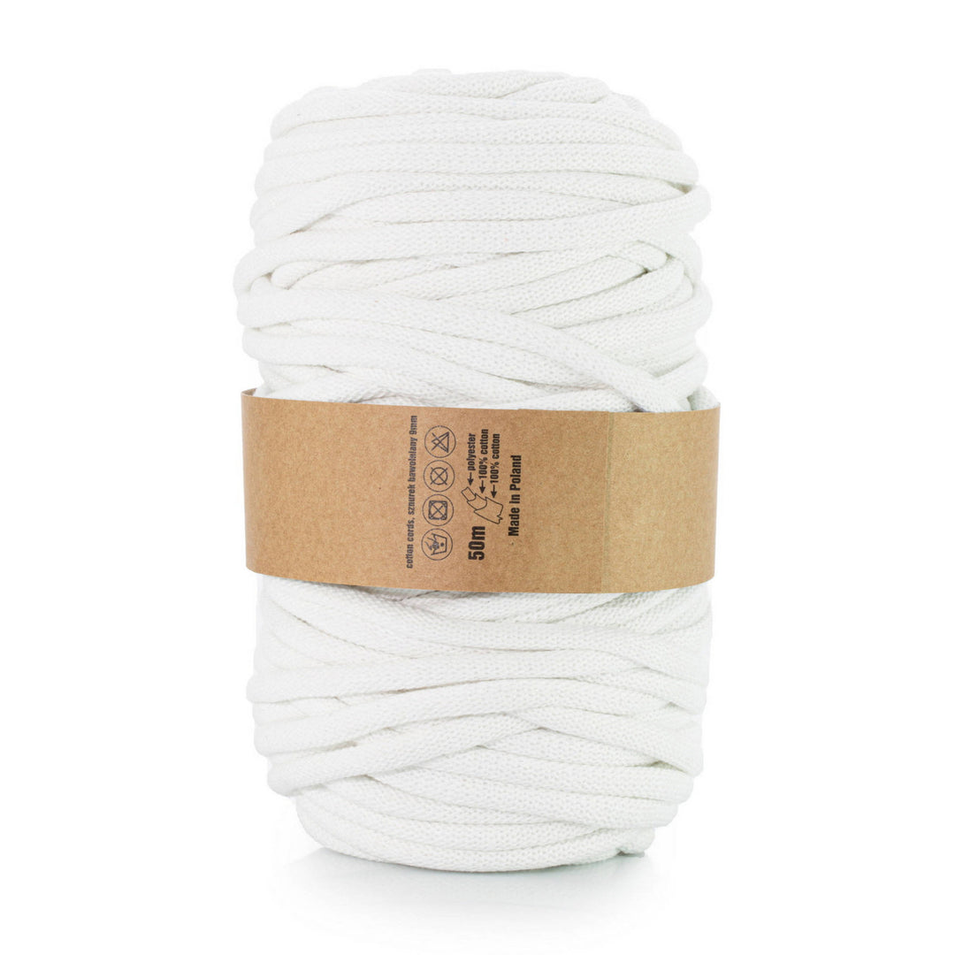 WAS: a braided cotton cord with a polyester core, 9mm thick and 50m long, in pristine white. Perfect for various applications, offering durability and versatility.