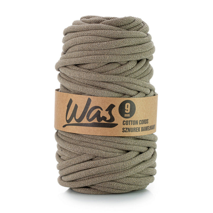 WAS offers a braided cotton cord with a polyester core, 9mm thick and 50m long, in a deep dark beige shade. Perfect for various applications, ensuring durability and timeless style.