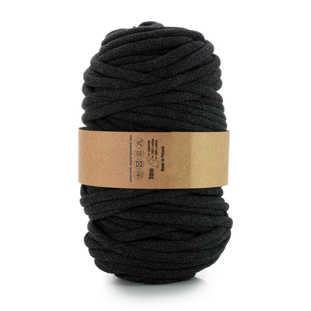 9mm braided cotton cord with a polyester core. This durable and stylish black cord spans 50m, perfect for various uses. Upgrade your projects with reliability.