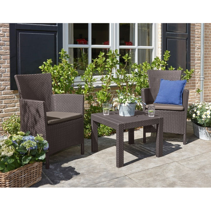 Keter Rosario Outdoor Furniture Set with Cushions Balcony Garden Two Armchairs &amp; Table Brown Beige Rattan Style Polypropylene