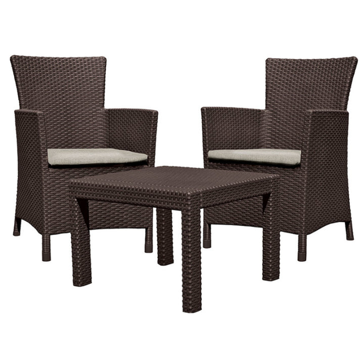 Keter Rosario Outdoor Furniture Set with Cushions Balcony Garden Two Armchairs &amp; Table Brown Beige Rattan Style Polypropylene