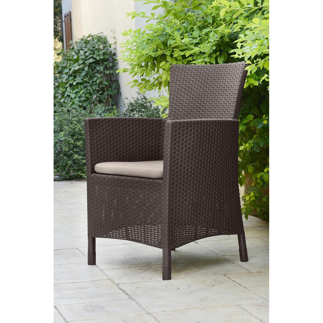 Keter Iowa 212277 Outdoor Armchair Rattan Style Chair with Backrest Cushion - Brown with Beige Cushion Garden Patio Balcony