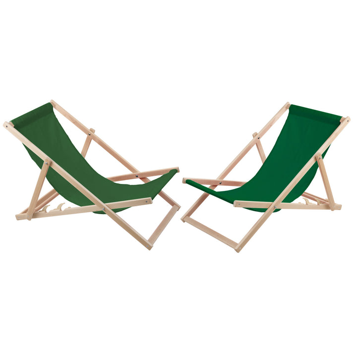 Two comfortable wooden deck chairs in green, perfect for relaxing on the beach, balcony, or terrace.