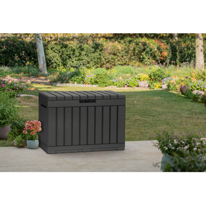 Keter Kentwood 2in1 Garden Storage Box Chest with Seating Capacity Lid Graphite Dark Grey 190L Capacity Seat