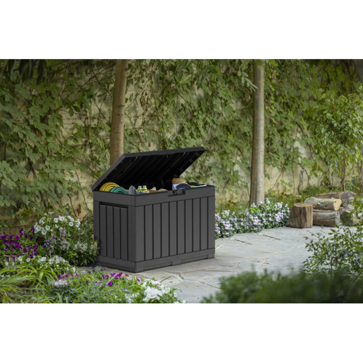 Keter Kentwood 2in1 Garden Storage Box Chest with Seating Capacity Lid Graphite Dark Grey 190L Capacity Seat