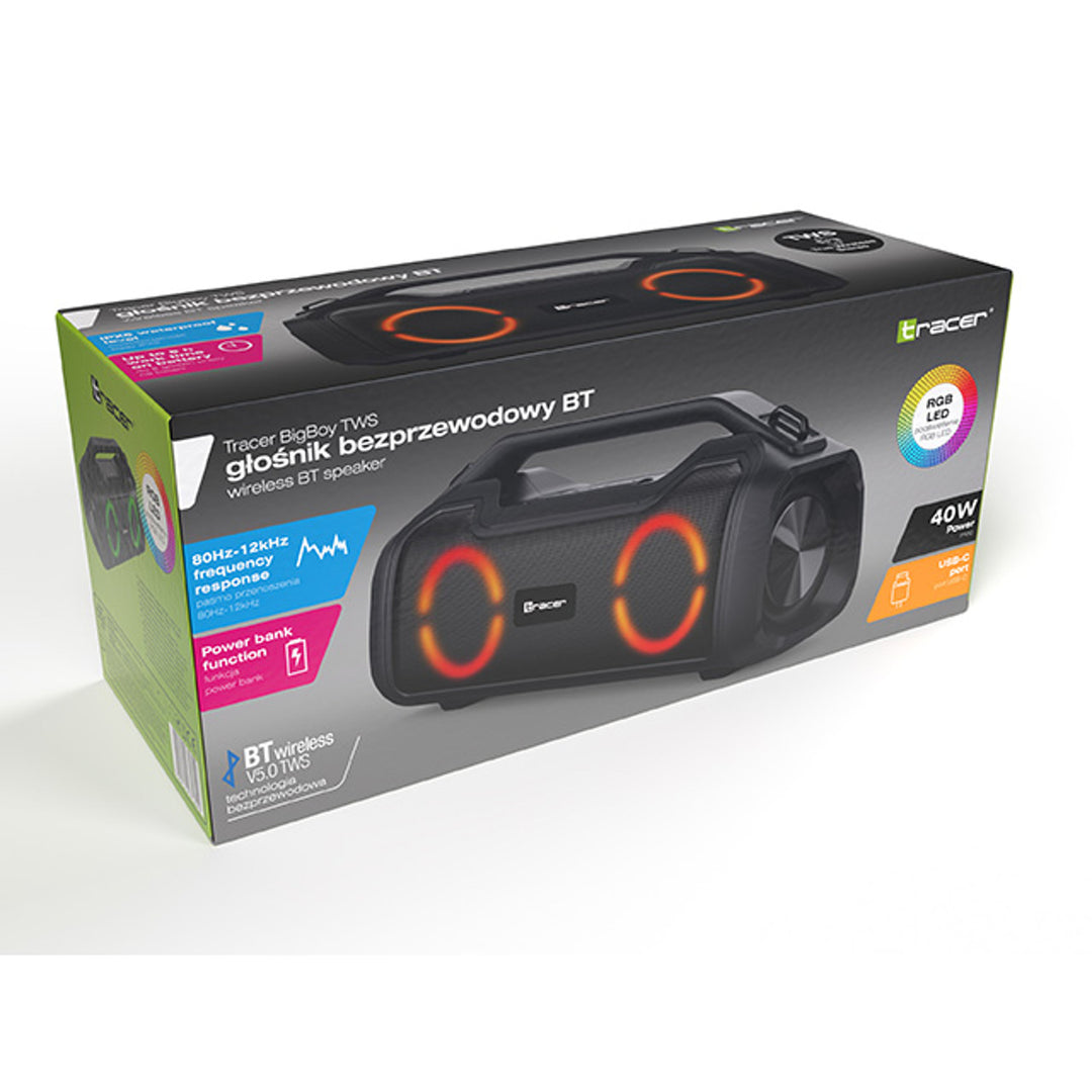 Tracer BigBoy - Portable speaker RGB LED - WS Bluetooth-luidsprekers - 40W IPX5 3600mAh - Zwart