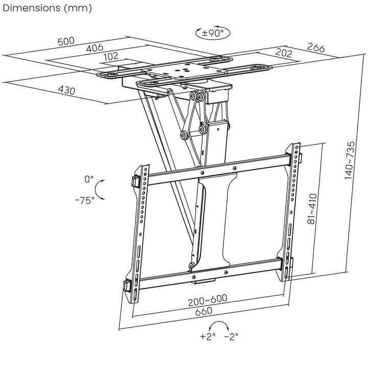 Maclean MC-490 Soporte de techo eléctrico para TV, soporte TUYA, VESA máx. 600x400, giratorio 90º, 32"-75", Carga max. 35kg
