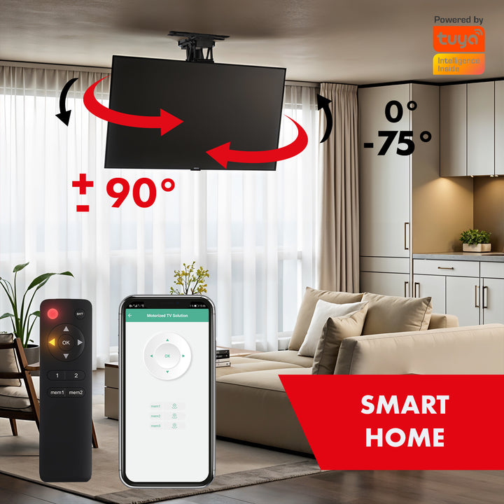 Maclean MC-491 Soporte de techo eléctrico para TV, soporte TUYA, VESA máx. 600x400, giratorio 90º, 23"-65", Carga max. 30kg