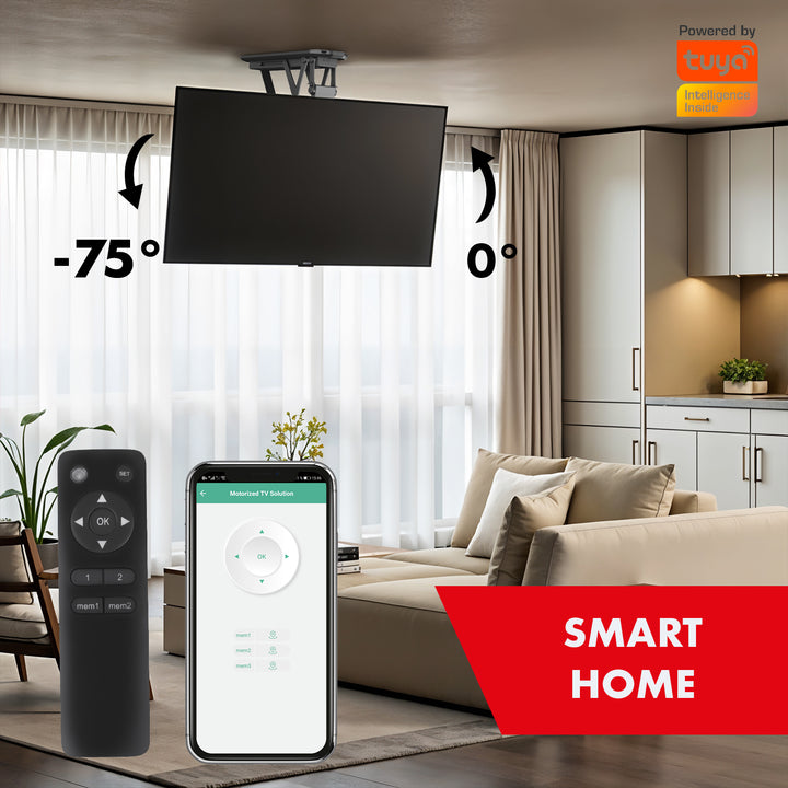 Maclean MC-492 Soporte de techo eléctrico para TV, soporte TUYA, VESA máx. 600x400, mando a distancia, 23"-55", Carga max. 30kg