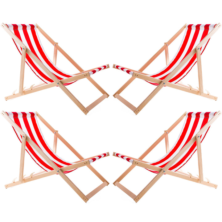 Set of 4 Comfortable Wood Deck Chairs with Red Stripes – Perfect for Beach, Balcony, or Terrace, Fully Assembled