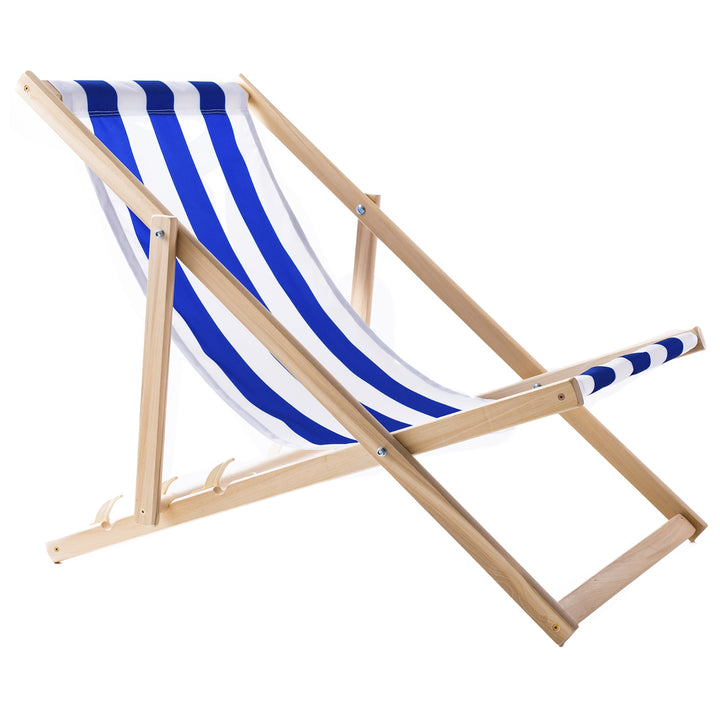 Set of 4 Comfortable Wood Deck Chairs with Blue Stripes – Perfect for Beach, Balcony, or Terrace, Fully Assembled