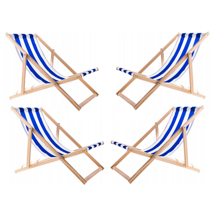 Set of 4 Comfortable Wood Deck Chairs with Blue Stripes – Perfect for Beach, Balcony, or Terrace, Fully Assembled