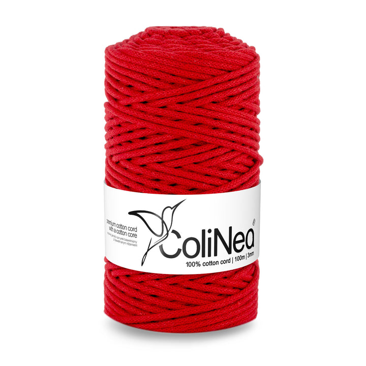 ColiNea, cordon en coton avec âme en coton, tressé, 3mm, 100m, rouge