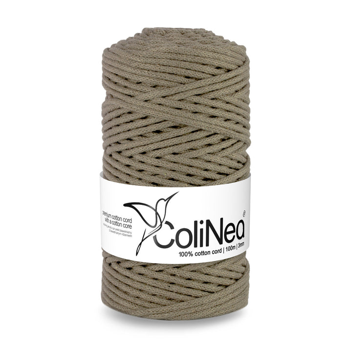 ColiNea 3mm Dark Celadon dark beige Braided Cotton Cord with Durable Cotton Core, 100m Length - Ideal for Crafting and DIY Projects