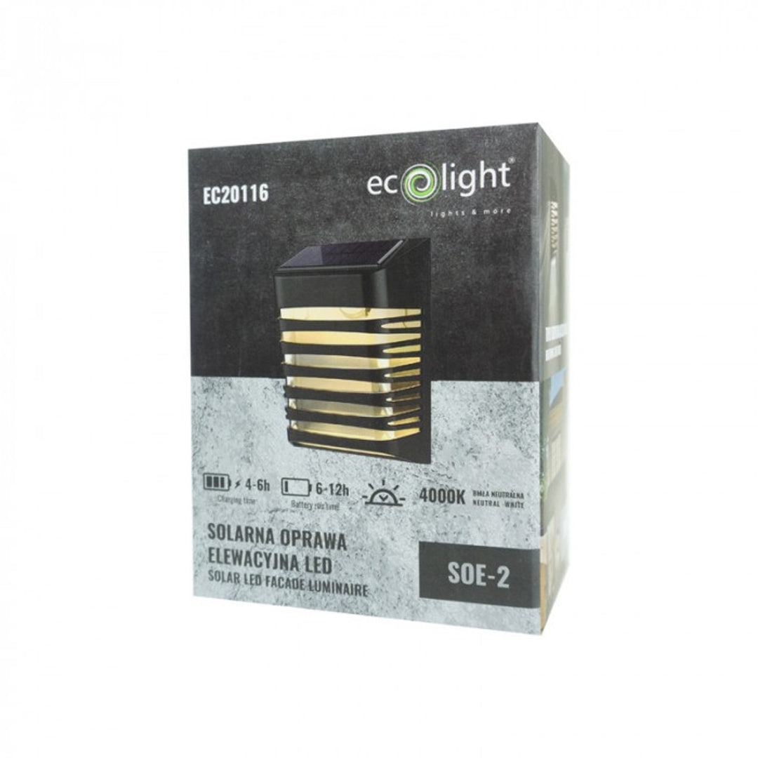 EcoLight Solar LED Luminaire - 20 Lumens, 4000K Cool White, IP64 Waterproof, Black, Model SOE-2