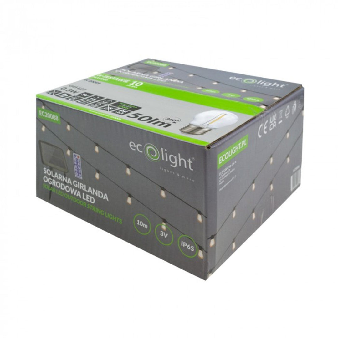 EcoLight Guirnalda Solar de Jardín LED, 10 bombillas E27, 2700K, EC20088