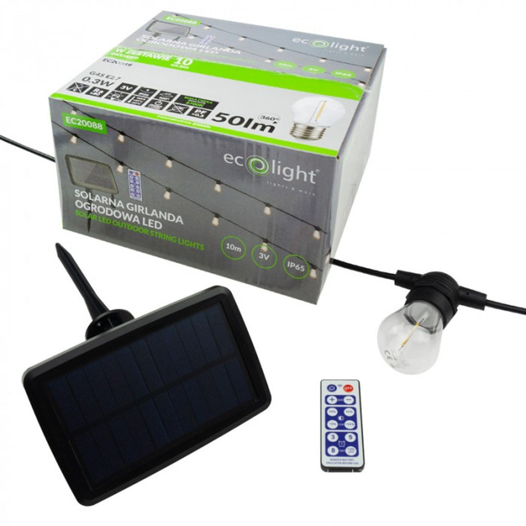 Guirlande solaire LED EcoLight, 10 ampoules E27, 2700K, EC20088