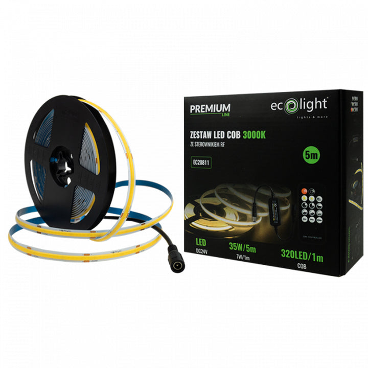 EcoLight LED tape, 5m, IP20, 3000K, power supply, remote control, EC20811