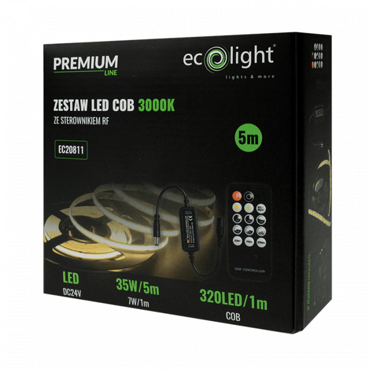 EcoLight LED-strip, 5m, IP20, 3000K, voeding, afstandsbediening, EC20811