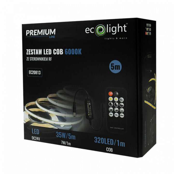 EcoLight LED-strip, 5m, IP20, 6000K, voeding, afstandsbediening, EC20811