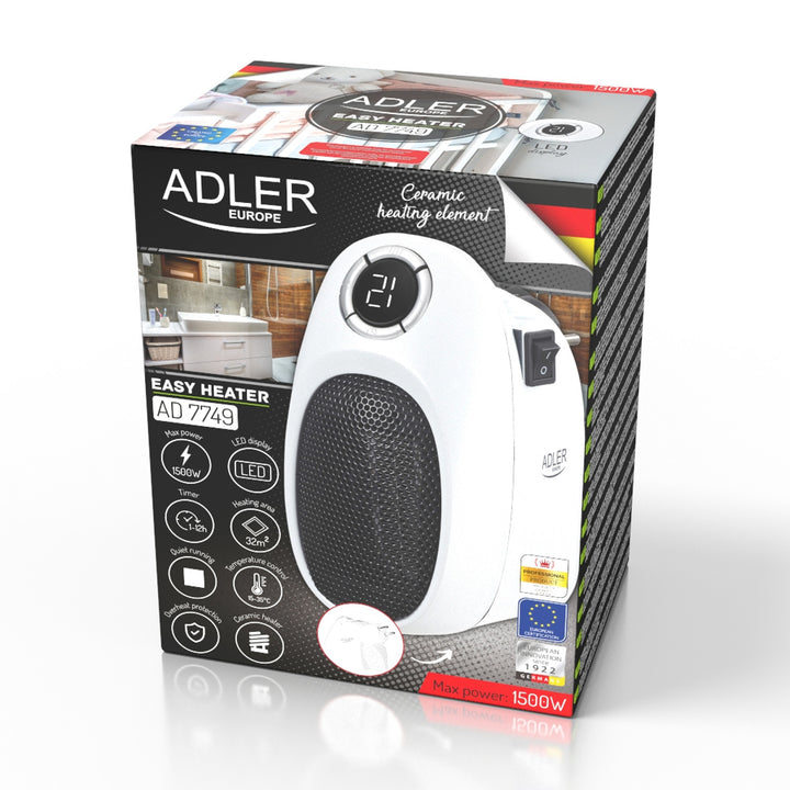 Adler fan heater, timer, 2 levels, 1500W max, white, AD 7749