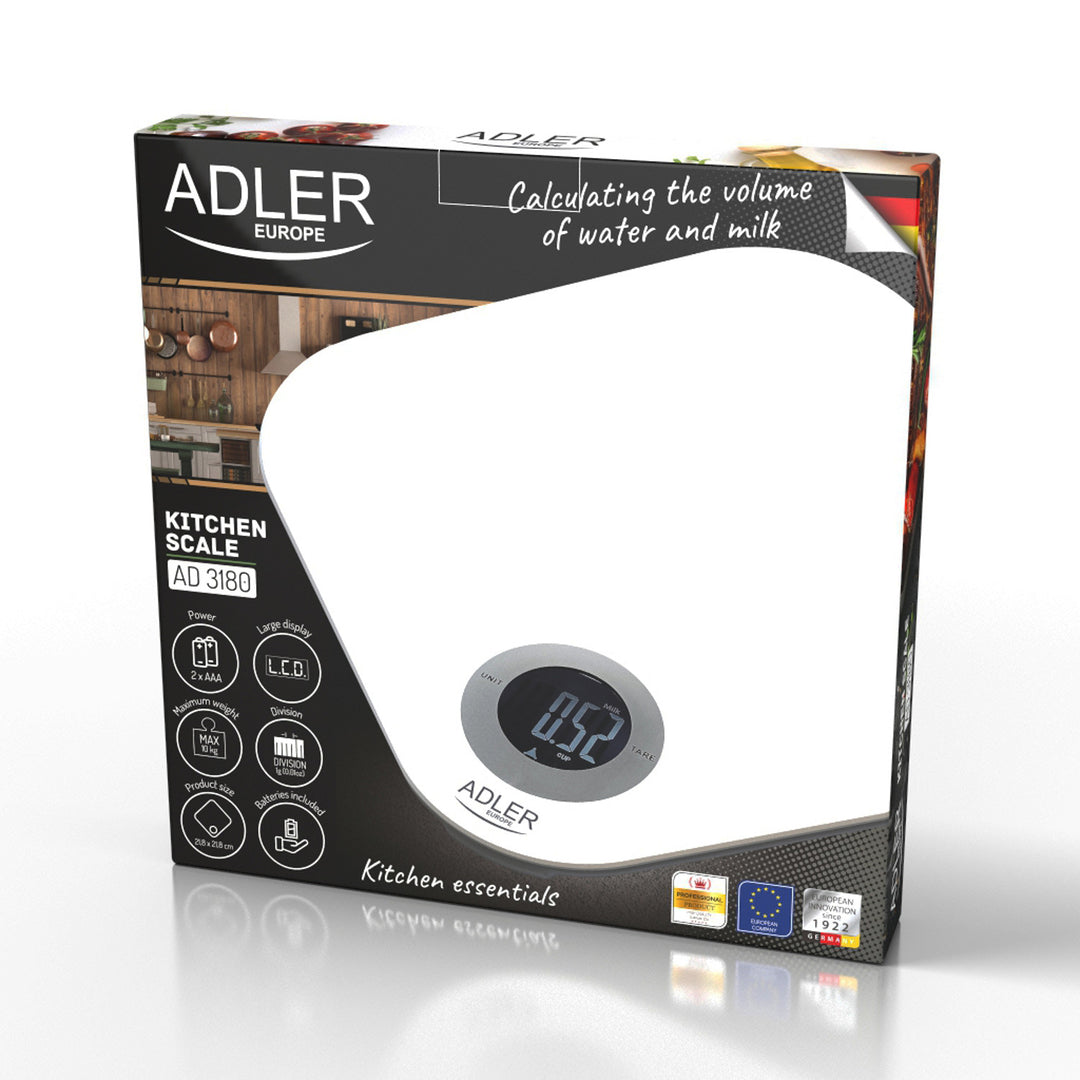 Adler AD 3180 Báscula de cocina digital con pantalla LCD, Balanza de vidrio templado, hasta 10 kg