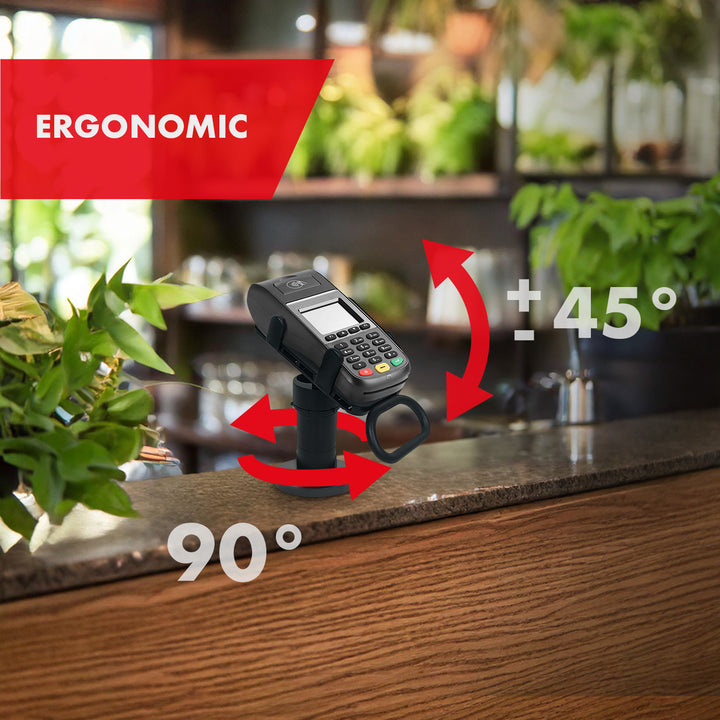 Maclean MC-819 Soporte de Terminal de Tarjeta para Dispositivos POS | Giratorio 90°, Ajuste de Inclinación +45° a -45°, Ancho Ajustable, Gestión de Cables | Montaje de Mesa para Terminales EC