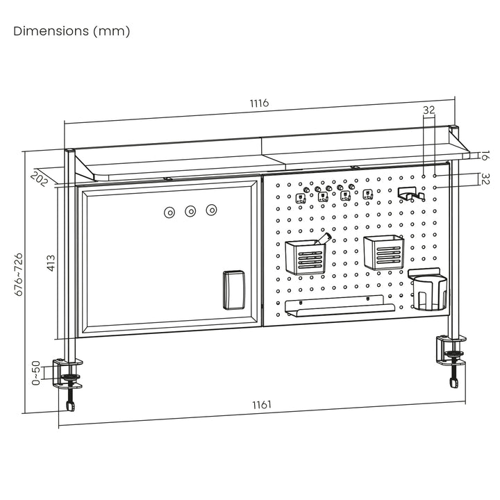 Ergo Office desk divider / organizer, max load 10kg, white board, width 1116mm, white, ER-301 W
