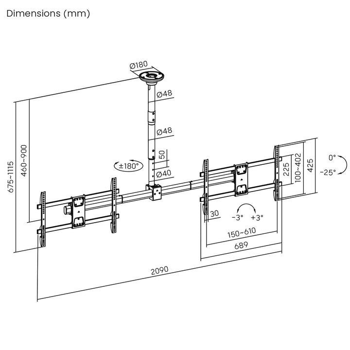 Maclean Deckenhalterung für zwei TV-Geräte, max. Belastung 2x40kg, 34-60", max VESA 600x400, MC-111 B
