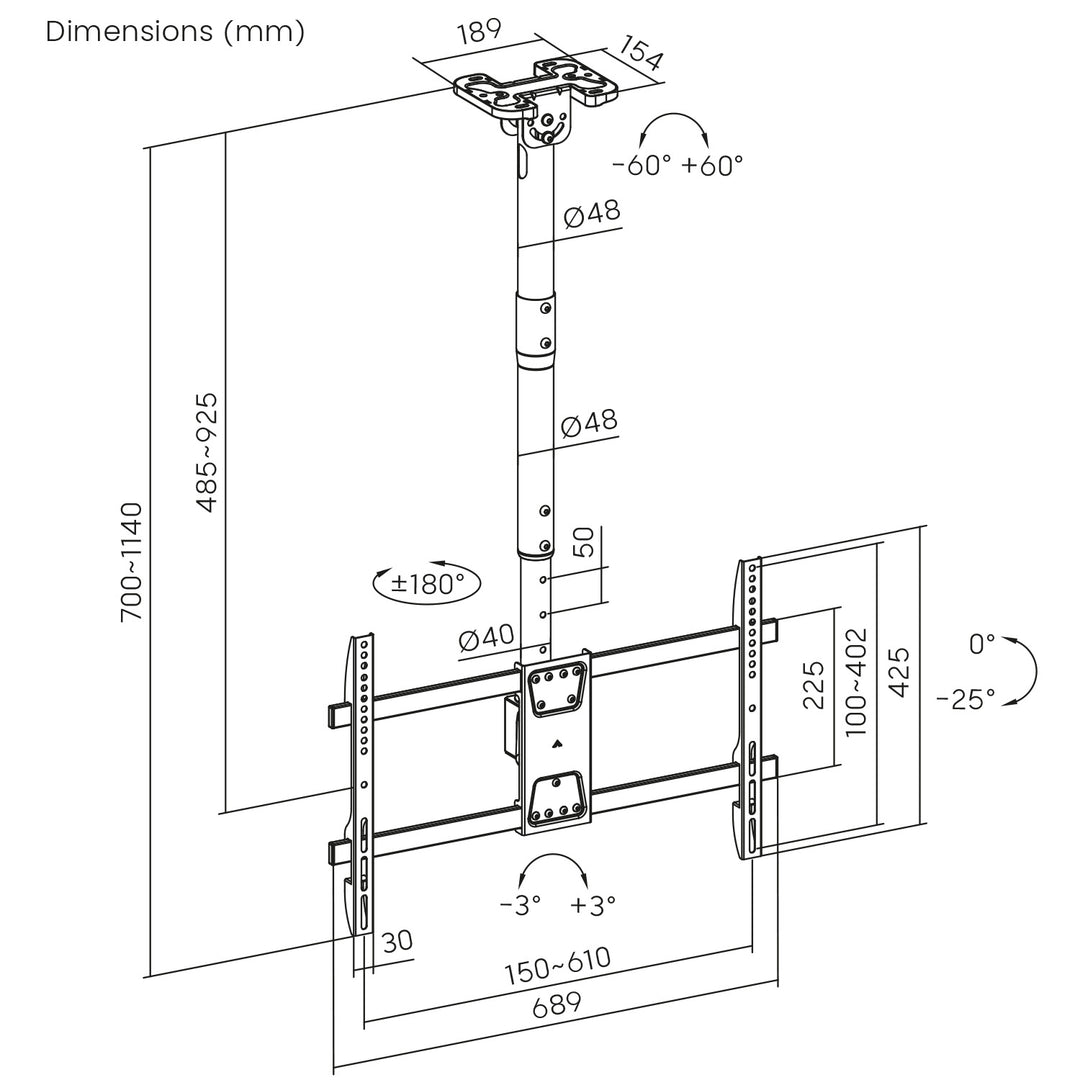 Deckenhalterung für Maclean TV, max. Belastung 60kg, 43-86", max VESA 600x400, MC-112 B