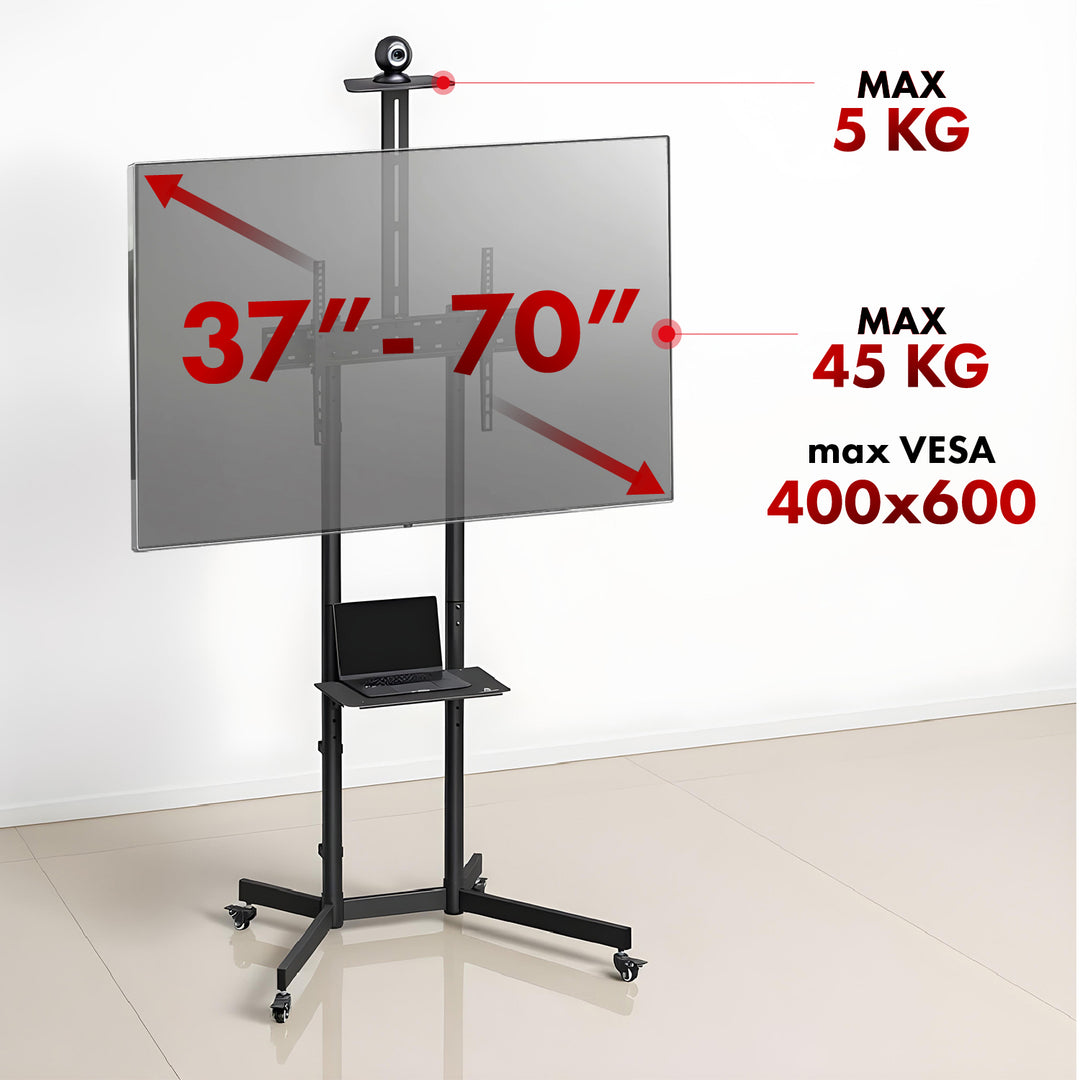 Maclean TV stand / cart, camera shelf, on wheels, 37-70", max load 45kg/5kg shelf, max. VESA 600x400, MC-113 B