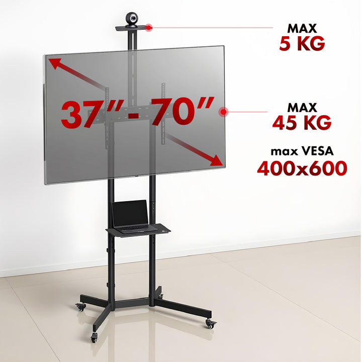Maclean TV stand / cart, camera shelf, on wheels, 37-70", max load 45kg/5kg shelf, max. VESA 600x400, MC-113 B